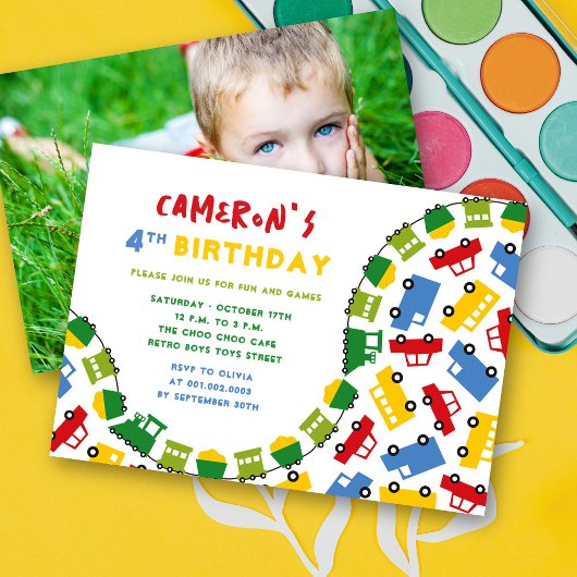 Jongens Speelgoed Leuk Vervoer Foto 4e Verjaardags Kaart