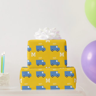 Jongens speelgoed Transport Blue Truck Monogram Bi Cadeaupapier