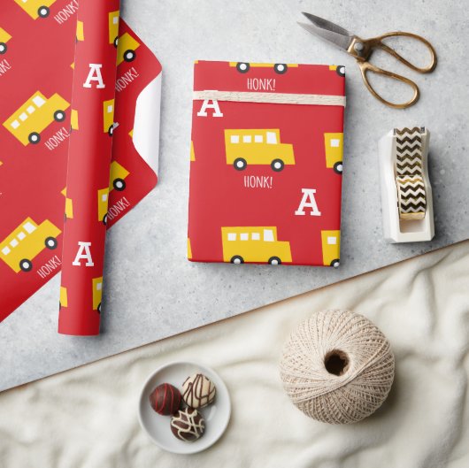 Jongens Speelgoed Vervoer Gele Bus Monogram Verjaa Cadeaupapier (Crafts)