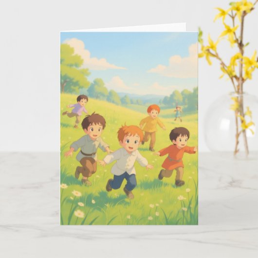 Jongens spelen Label Kaart (Gele Bloem)