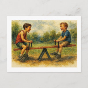 Jongens spelen op een wip, briefkaart