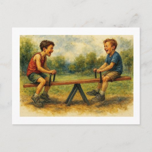 Jongens spelen op een wip, briefkaart (Voorkant)