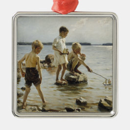 Jongens spelend op het strand (door Albert Edelfel Metalen Ornament