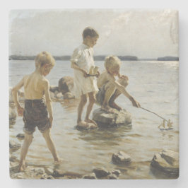 Jongens spelend op het strand (door Albert Edelfel Stenen Onderzetter
