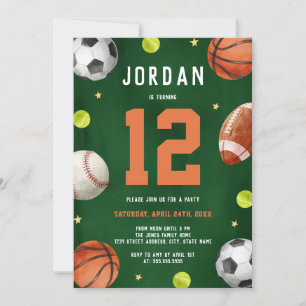 Jongens sport thema oranje groene verjaardagsfeest kaart