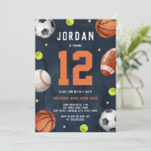 Jongens Sport Thema Oranje Navy Verjaardagsfeestje Kaart (Staand voorkant)