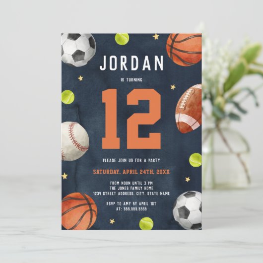 Jongens Sport Thema Oranje Navy Verjaardagsfeestje Kaart (Staand voorkant)