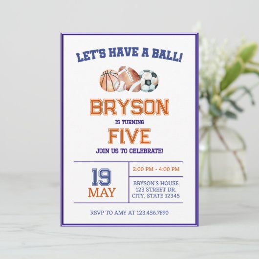 Jongens Sport Verjaardag Uitnodiging - Sinaasappel (Staand voorkant)