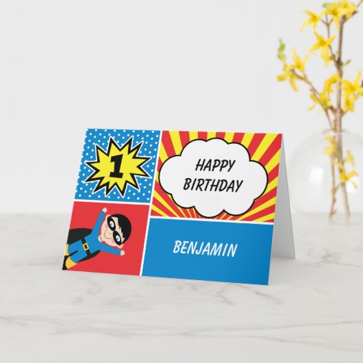 Jongens Superheld 1e Verjaardag Kaart (Gele Bloem)