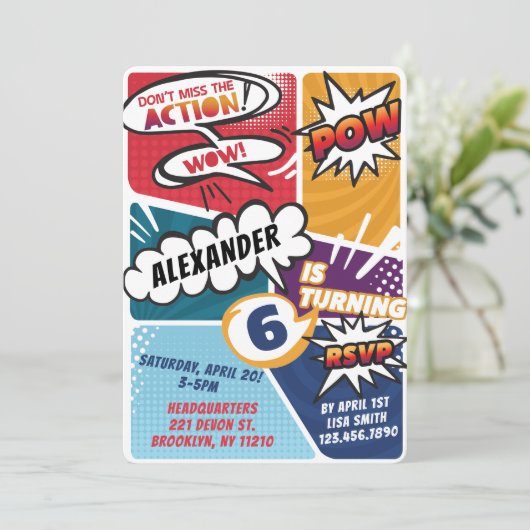 Jongen's superheld Comic Book Birthday Invitation Kaart (Staand voorkant)