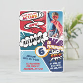 Jongen's superheld Comic Photo Birthday Invitation Kaart (Staand voorkant)