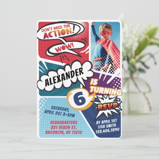 Jongen's superheld Comic Photo Birthday Invitation Kaart (Staand voorkant)