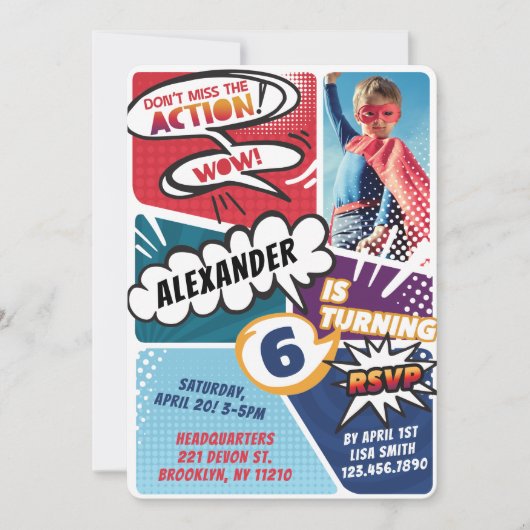 Jongen's superheld Comic Photo Birthday Invitation Kaart (Voorkant)