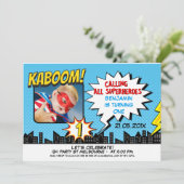 Jongens Superheld Foto 1e verjaardag Uitnodiging (Staand voorkant)