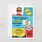 Jongens Superheld Foto 5e verjaardag Uitnodiging (Voorkant)