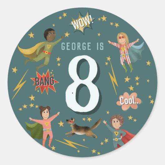 Jongens Superheld Kinder leeftijd Verjaardag Ronde Sticker (Voorkant)