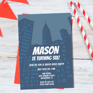 Jongens Superhero Stad Verjaardagsfeest Uitnodigin Kaart
