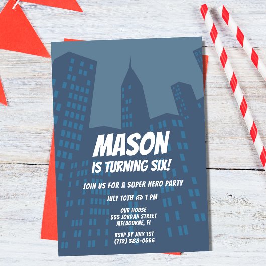 Jongens Superhero Stad Verjaardagsfeest Uitnodigin Kaart