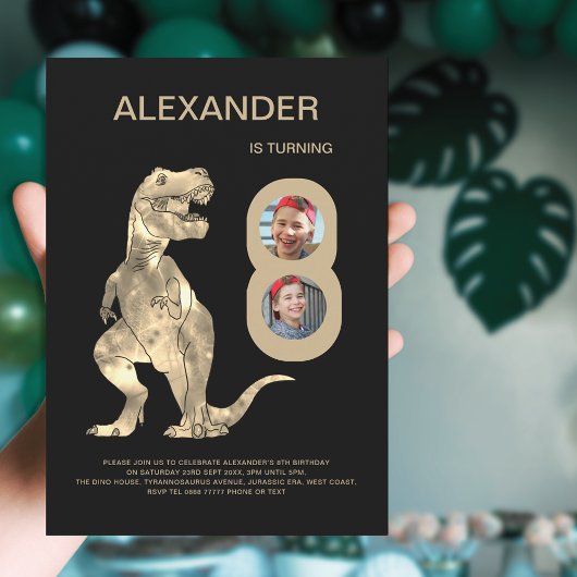 Jongens T-Rex Dino 8e Verjaardag Party Fotocollage Kaart