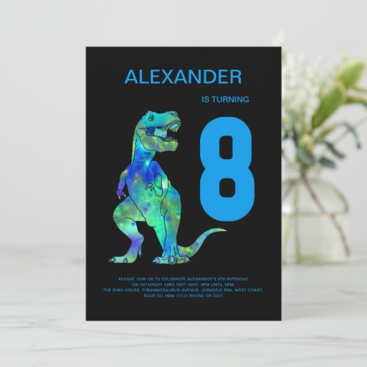Jongens T-Rex Dino 8e Verjaardagsfeest Kaart (Staand voorkant)