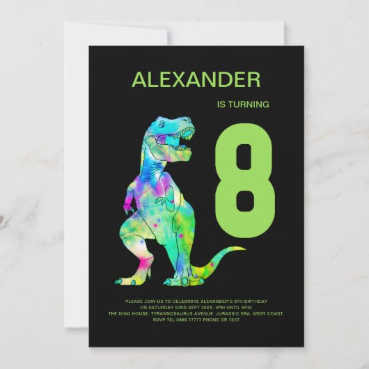 Jongens T-Rex Dino 8e Verjaardagsfeest Kaart (Voorkant)