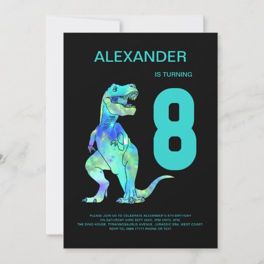 Jongens T-Rex Dinosaurus 8e Verjaardag Party Blauw Kaart (Voorkant)