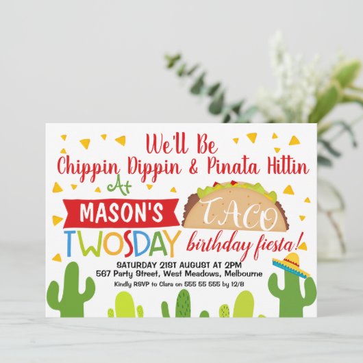 Jongens Taco Twosday 2e verjaardag Uitnodiging (Staand voorkant)
