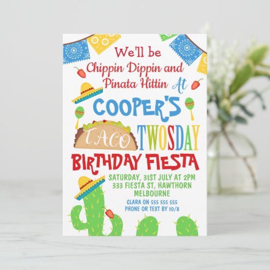 Jongens Taco Twosday 2e verjaardagsuitnodiging Kaart (Staand voorkant)