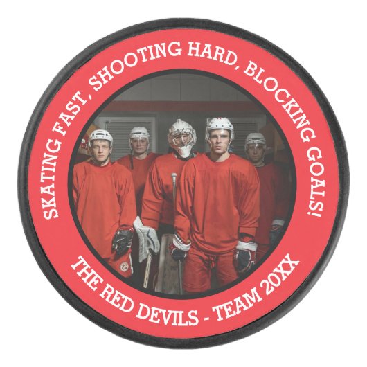 Jongens team foto en slogan rood zwart wit hockey puck (Voorkant)