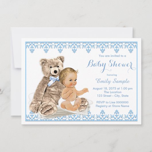 Jongens Teddybeer Babyborrel Kaart (Voorkant)
