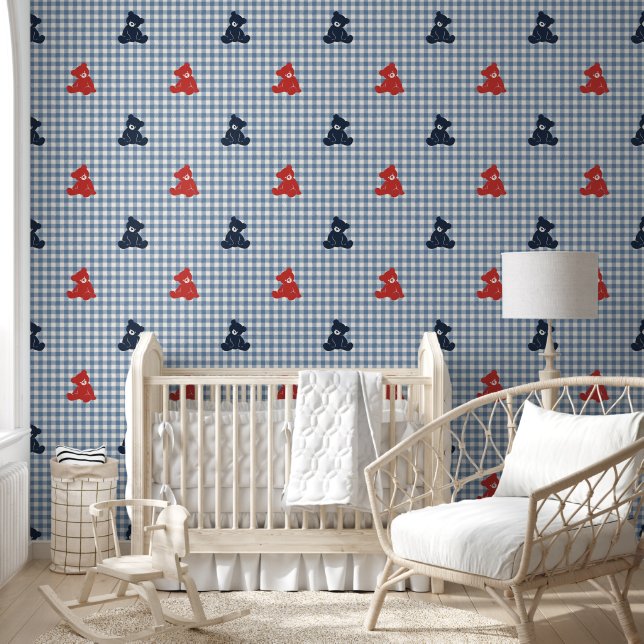 Jongens Teddybeer Gingham - Navy, Rood & Rookblauw Behang (Kinderen)
