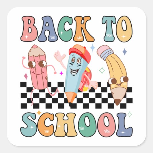 Jongens Terug naar School Potloden Retro Karakter  Vierkante Sticker (Voorkant)