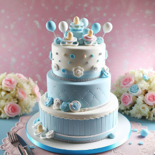 Jongens thema baby shower cake met fopspenen kaart