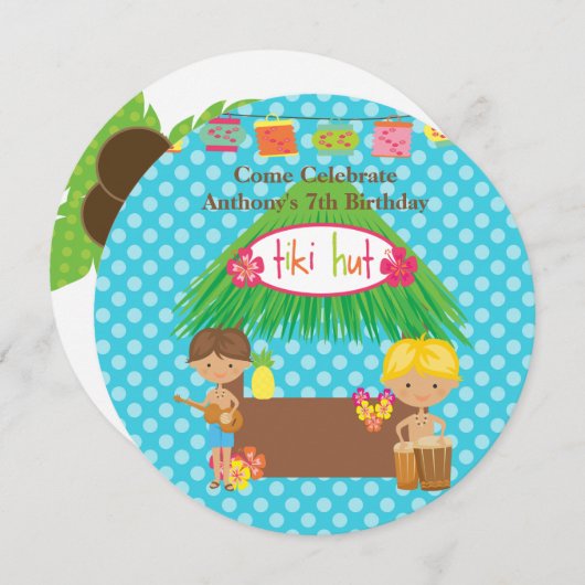Jongens Tiki Hut Ronde Luau Verjaardag Uitnodiging (Voorkant / Achterkant)