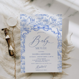 Jongens Toile De Jouy Blauwe Baby Shower Uitnodigi Kaart