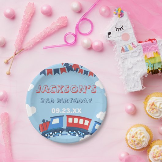 Jongens Train Chugga Twee Vlag Blauw Rood Witte Da Papieren Bordje (Feest)