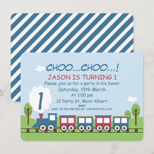 Jongens Trein 1e of 2e Verjaardag Uitnodiging (Voorkant / Achterkant)