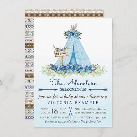 Jongens Tribal TeePee Baby Douche Uitnodigingen (Voorkant / Achterkant)
