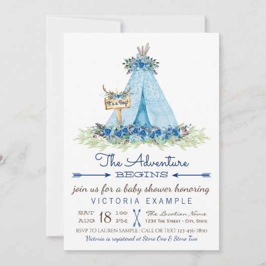 Jongens Tribal TeePee Baby Douche Uitnodigingen (Voorkant)