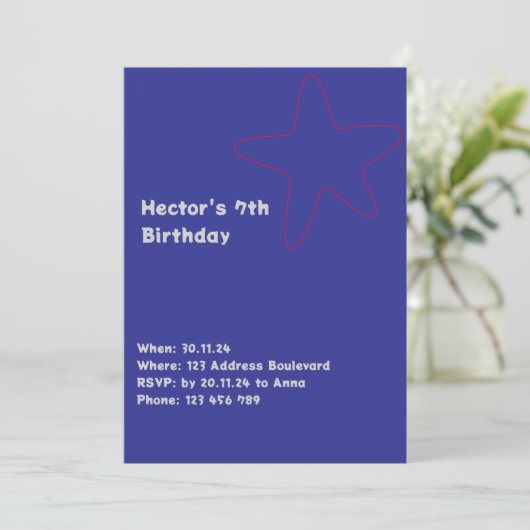 Jongens uitnodiging ster blauw rood (Staand voorkant)