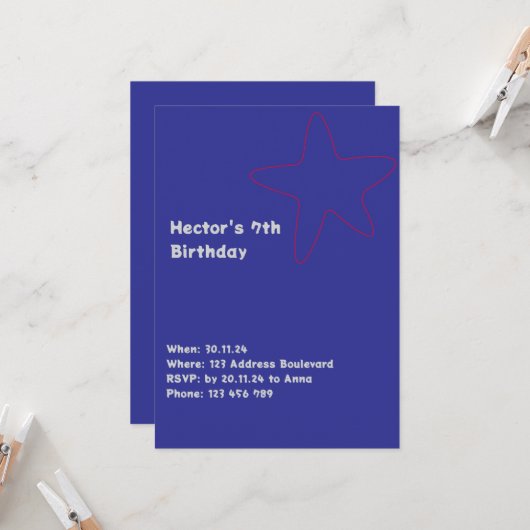 Jongens uitnodiging ster blauw rood (Voorkant / Achterkant in situ)
