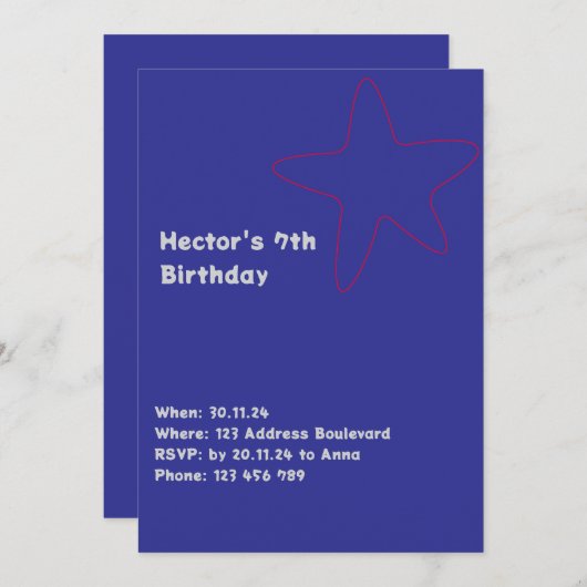 Jongens uitnodiging ster blauw rood (Voorkant / Achterkant)