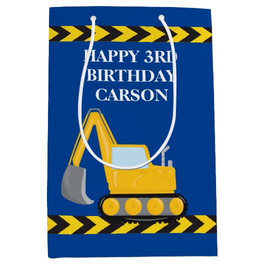 Jongens Verjaardag Blauw Bouw Voertuig Custom Medium Cadeauzakje (Voorkant)