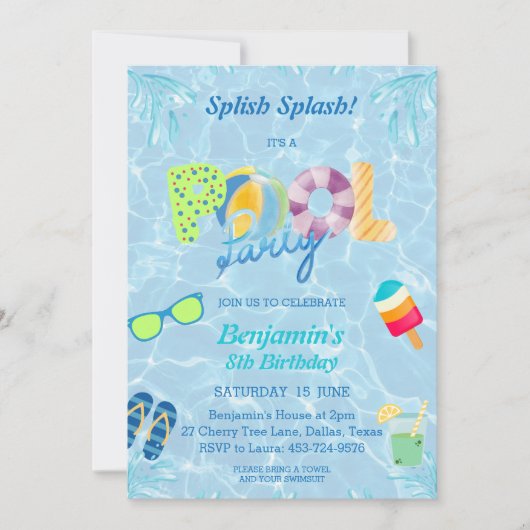 Jongens Verjaardag Splish Splash Pool Party Uitnod Kaart (Voorkant)