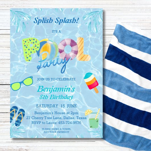 Jongens Verjaardag Splish Splash Pool Party Uitnod Kaart