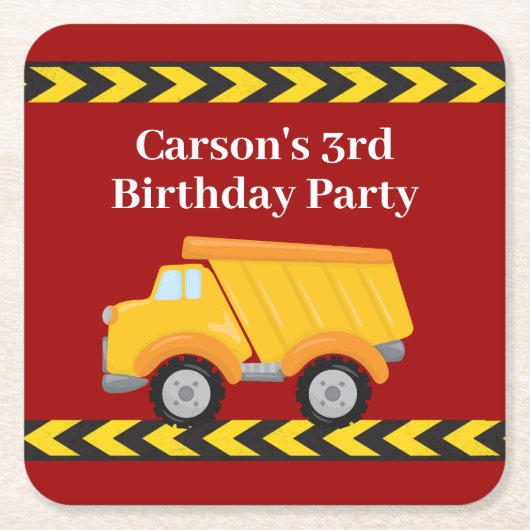 Jongens Verjaardagsfeest Custom Red Dump Truck Kin Kartonnen Onderzetters (Voorkant)