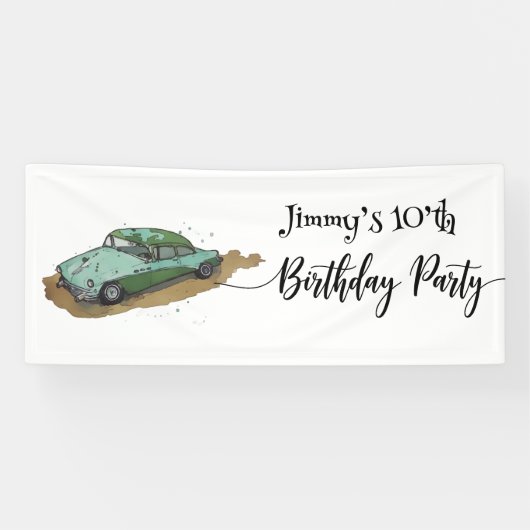 Jongens verjaardagsfeest met Twee toons sedan Spandoek (Horizontaal)