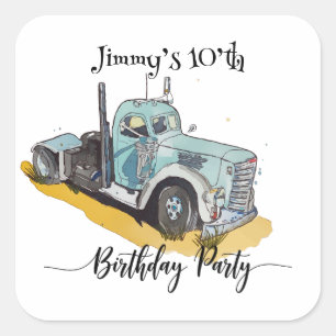Jongens verjaardagsfeestje blauwe semi-vrachtwagen vierkante sticker