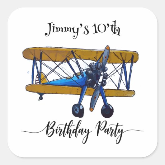 Jongens verjaardagsfeestje met blauwe en gele twee vierkante sticker (Voorkant)