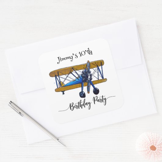 Jongens verjaardagsfeestje met blauwe en gele twee vierkante sticker (Envelop)